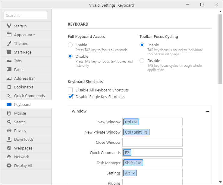 Vivaldi keyboard settings